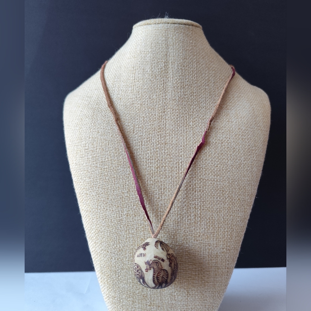 Handcrafted Tagua Nut Carved Pendant Necklace Zebra Design